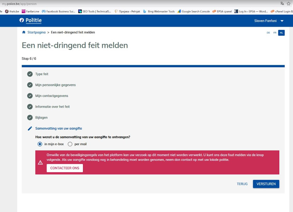 Screenshot showing an error when submitting a fraud case online on the police website