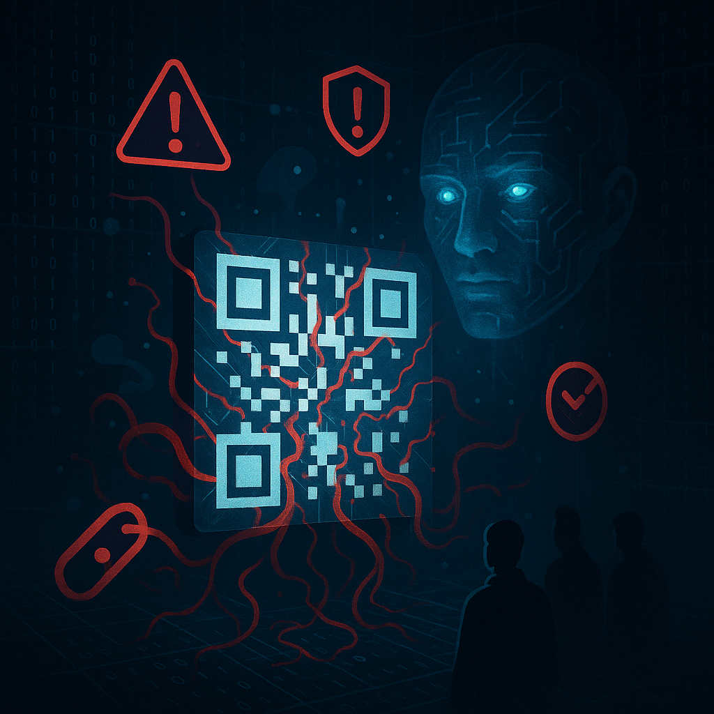 A dark, cyberpunk-style digital artwork depicting a glowing QR code surrounded by red warning icons, a holographic AI face, and shadowy human silhouettes — symbolizing AI-driven scams, deepfakes, and QR code fraud.
