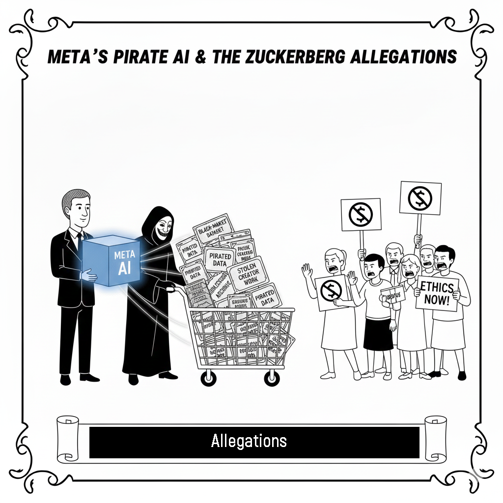Illustration of Mark Zuckerberg depicted accessing pirated data to train Meta’s LLaMA AI.